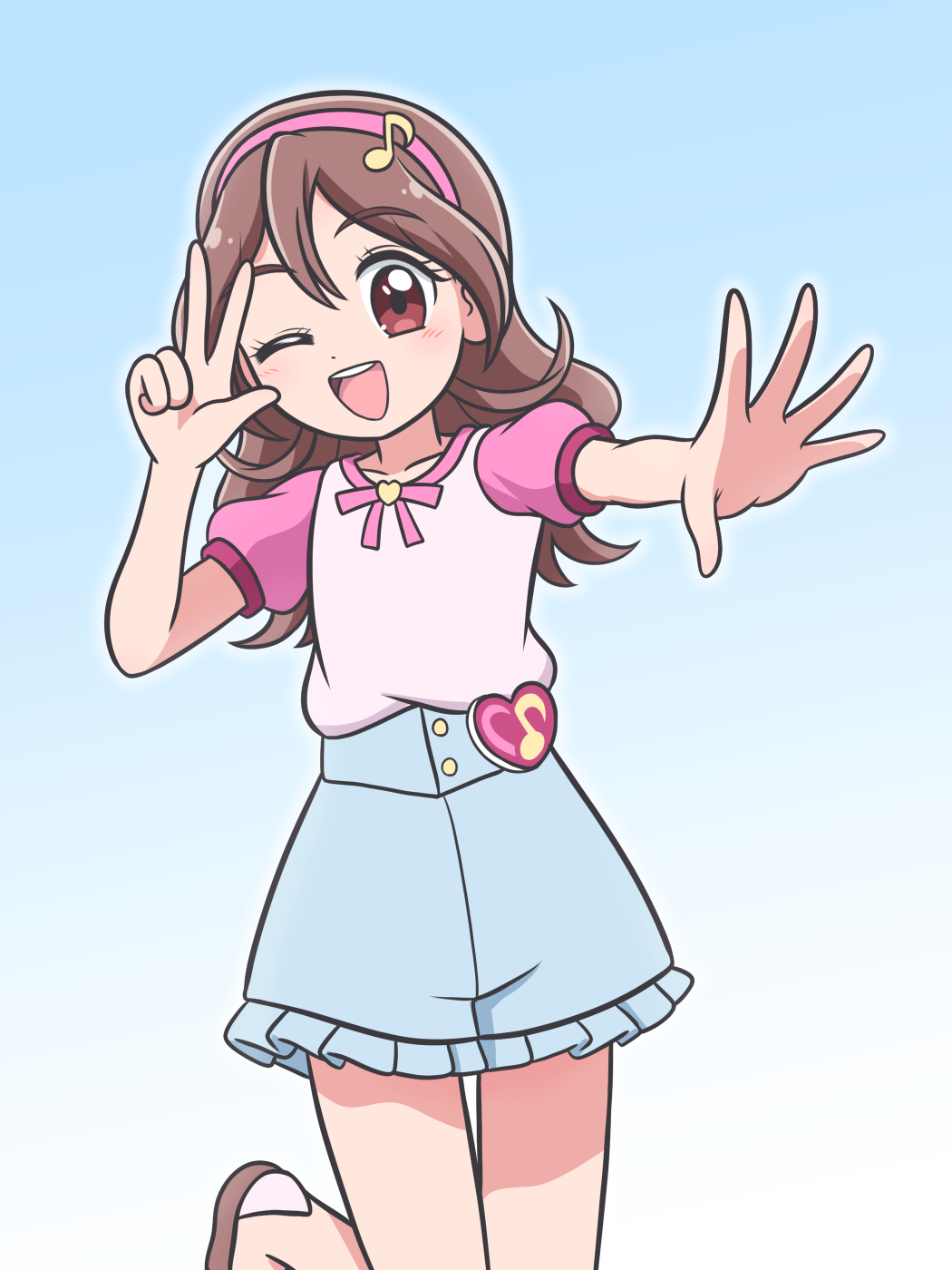 1girl, ;d, bare_legs, blouse, blue_background, blue_shorts, blush, bow