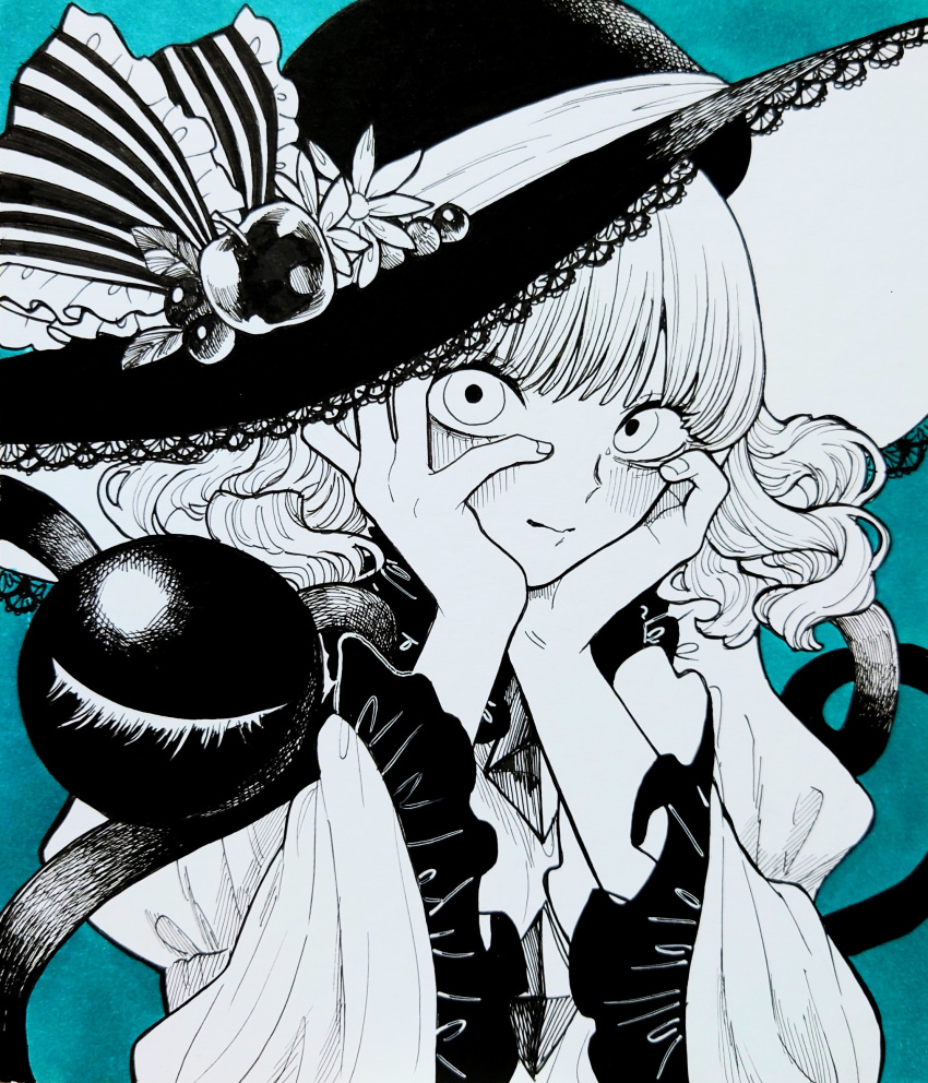 1girl, absurdres, apple_hat_ornament, aqua_background, black_hat, buttons, diamond_button, eyeball
