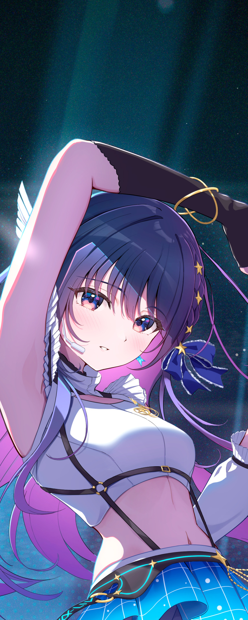 absurdres, armpit_peek, black_gloves, blue_skirt, colored_inner_hair, fujinomiya_rio, gloves, highres