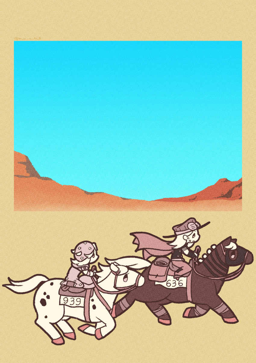 2boys, absurdres, bag, beanie, beard, blue_sky, bridle, cape