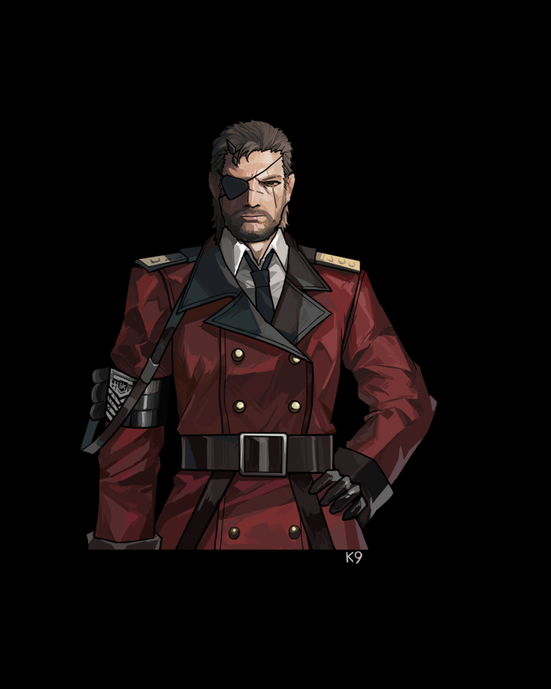 1boy, armband, belt, belt_buckle, billbill123, black_armband, black_background, black_necktie, brown_hair, buckle, buttons, collared_shirt, commander_(girls'_frontline), double-breasted, eyepatch, facial_hair, girls_frontline, griffin_&amp;_kryuger_logo, griffin_&amp;_kryuger_military_uniform, hand_on_own_hip, horns, looking_at_viewer, metal_gear_(series), metal_gear_solid_v:_the_phantom_pain, military_uniform, multiple_scars, necktie, scar, scar_on_face, shirt, simple_background, single_horn, solo, venom_snake