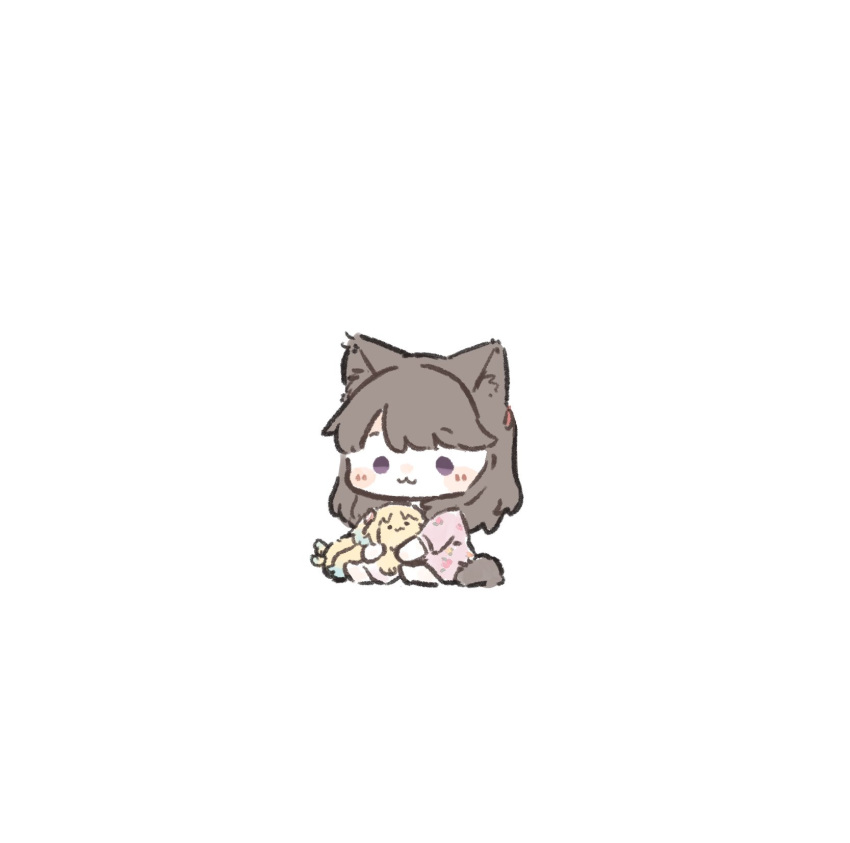1girl, :3, animal_ears, animal_on_lap, animalization, ao_kaeru, brown_hair, cat_ears