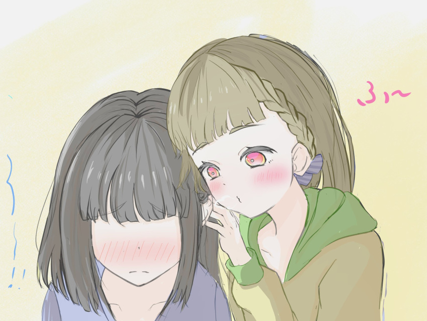 2girls, bairasu_02, blowing, blowing_in_ear, blunt_bangs, blunt_ends, blush, bob_cut