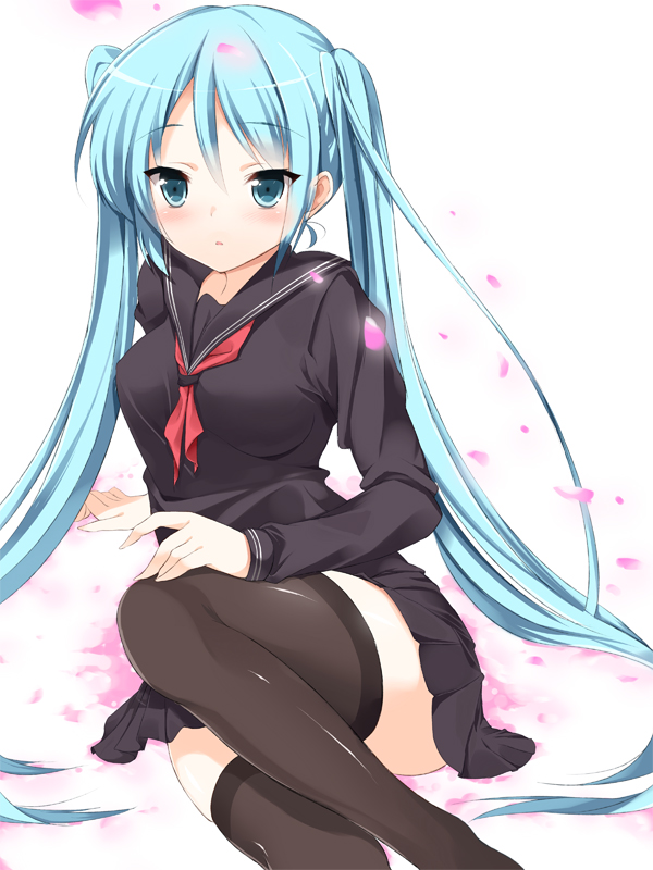 aqua_eyes, aqua_hair, bad_id, black_legwear, black_thighhighs, blush, cherry_blossoms, hatsune_miku