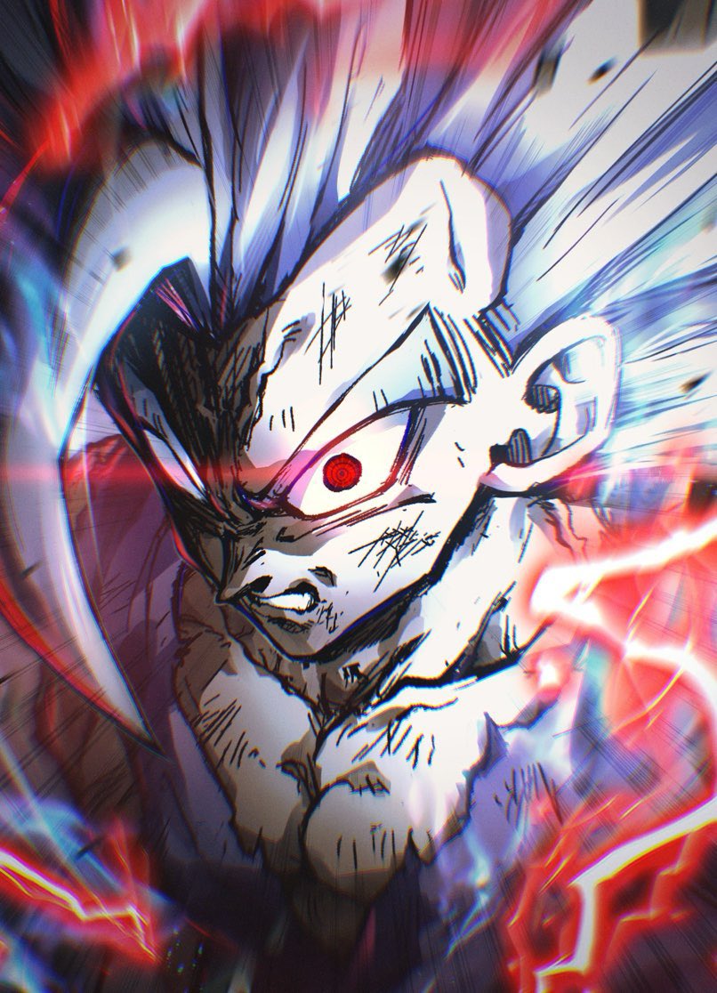 1boy, dragon_ball, dragon_ball_super, dragon_ball_super_super_hero, electricity, gohan_beast, grey_hair, hashagu, long_hair, muscular, muscular_male, purple_shirt, red_eyes, shirt, solo, son_gohan, spiky_hair, upper_body