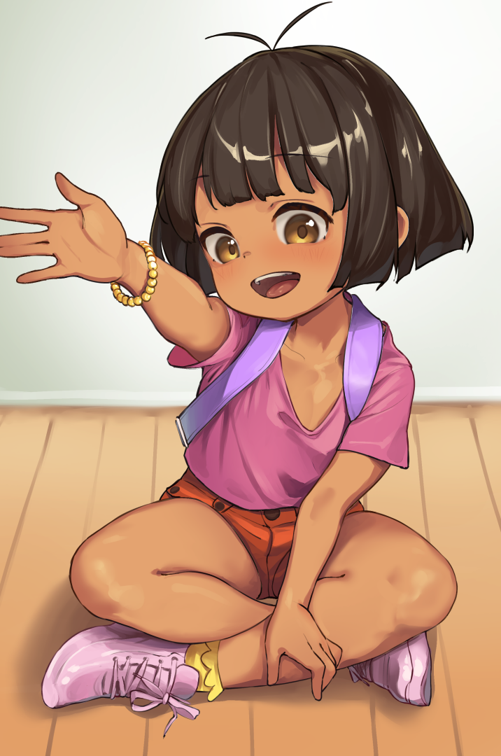 1girl, brown_eyes, commentary_request, dora_marquez, dora_the_explorer, driftingtiger, looking_at_viewer, open_mouth