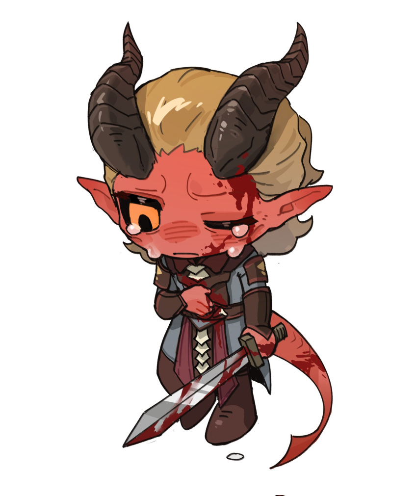 1boy, baldur's_gate, baldur's_gate_3, black_sclera, blonde_hair, blood, blood_on_face, blood_on_hands