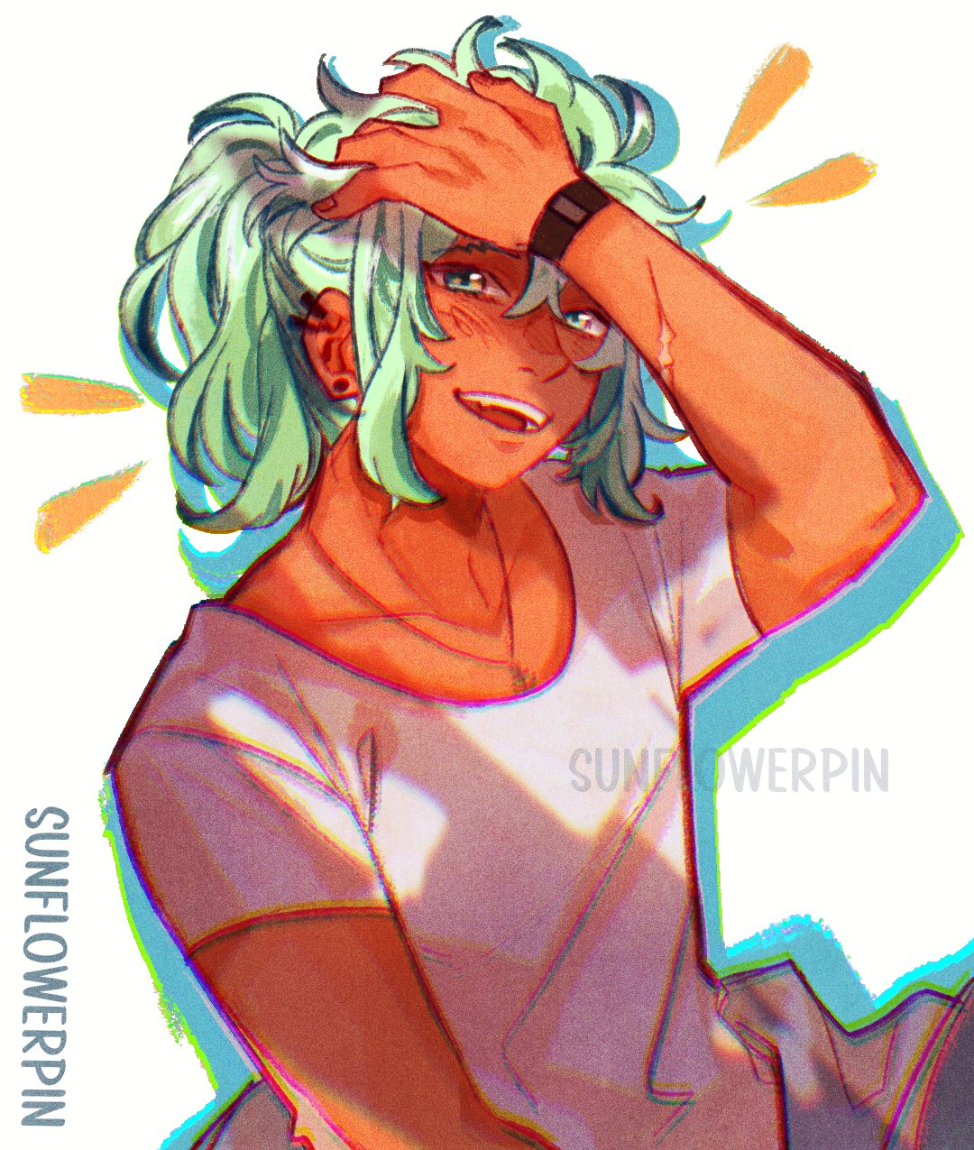1boy, :d, anchor_necklace, chromatic_aberration, collarbone, cove_holden, earrings, fangs, green_eyes, green_hair, grin, hair_between_eyes, hand_in_own_hair, highres, hoop_earrings, jewelry, looking_at_viewer, male_focus, necklace, our_life:_beginnings_and_always, scar, scar_on_arm, shadow, shirt, sidelocks, smile, solo, sparkling_eyes, stud_earrings, sunnyflowerday1, t-shirt, tan, toned, toned_male, upper_body, watch, watch, white_background, white_shirt