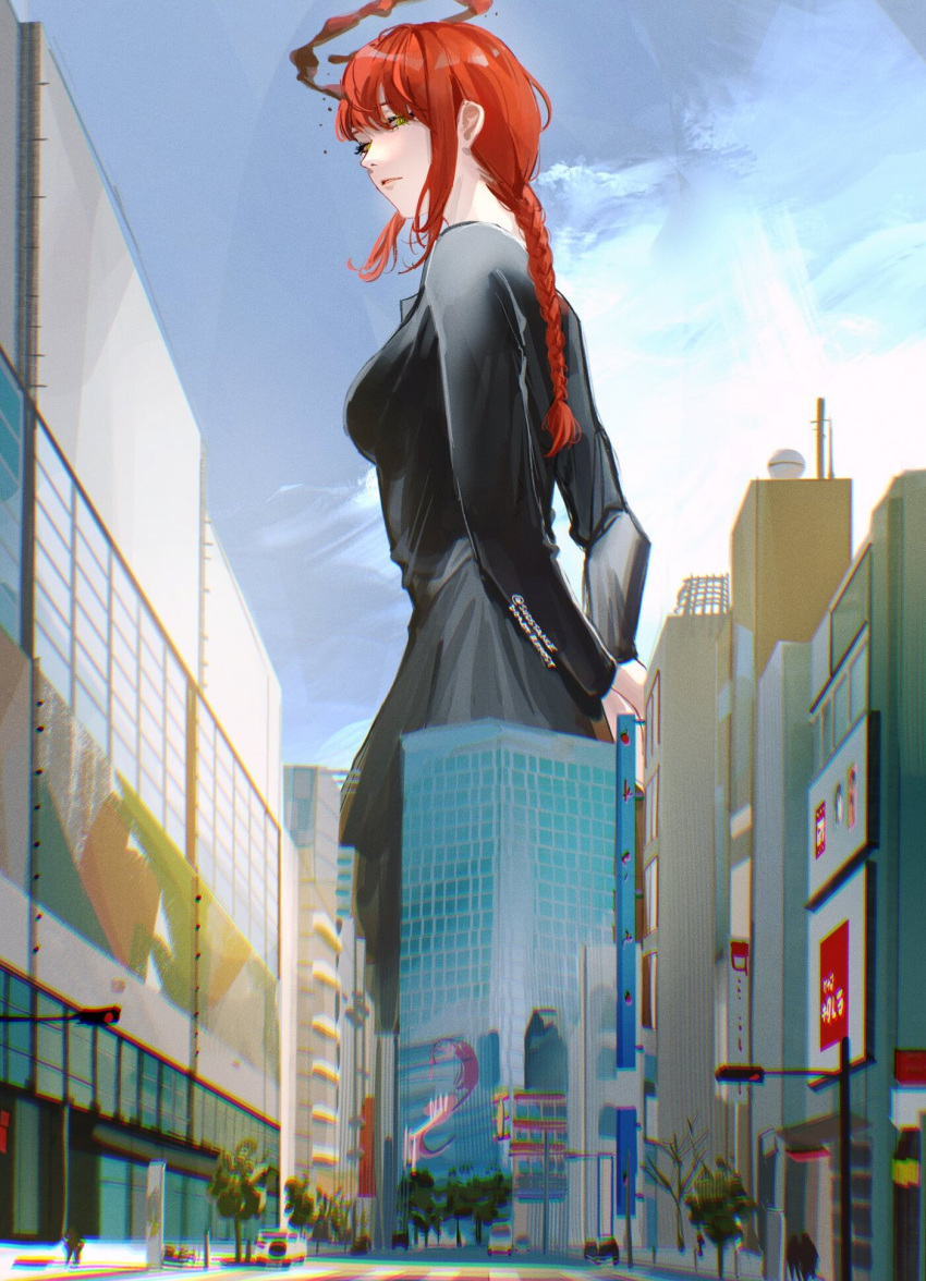 1girl, arms_behind_back, artist_name, black_dress, blood, blood_halo, blue_sky, blunt_bangs