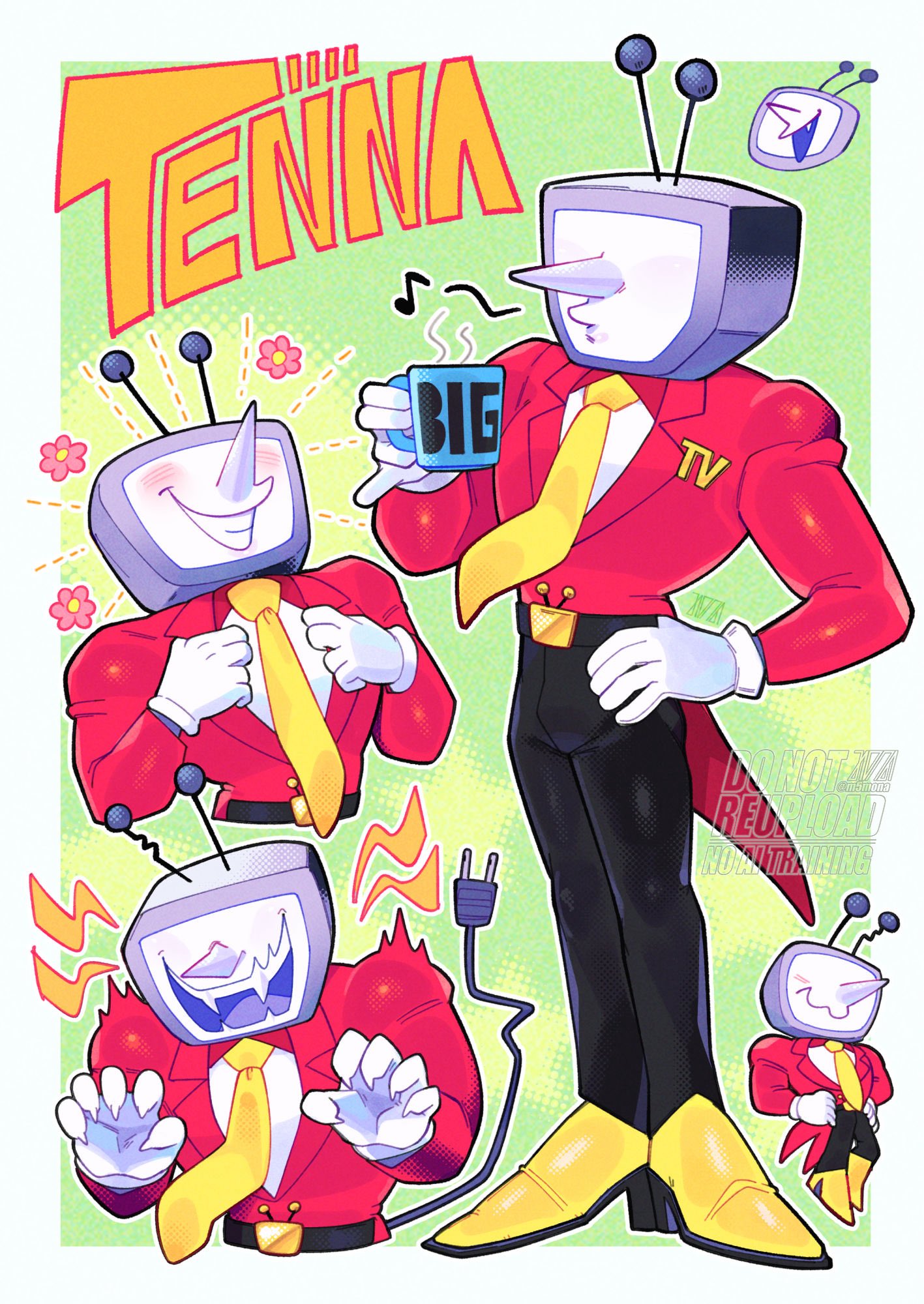 1boy, adjusting_clothes, ant_tenna, black_pants, border, character_name, claw_pose, commentary, crt, cup, deltarune, english_commentary, fangs, gloves, highres, holding, holding_cup, m516, male_focus, multiple_views, necktie, object_head, outline, outside_border, pants, pointy_nose, shoes, tailcoat, white_border, white_gloves, white_outline, yellow_necktie, yellow_shoes