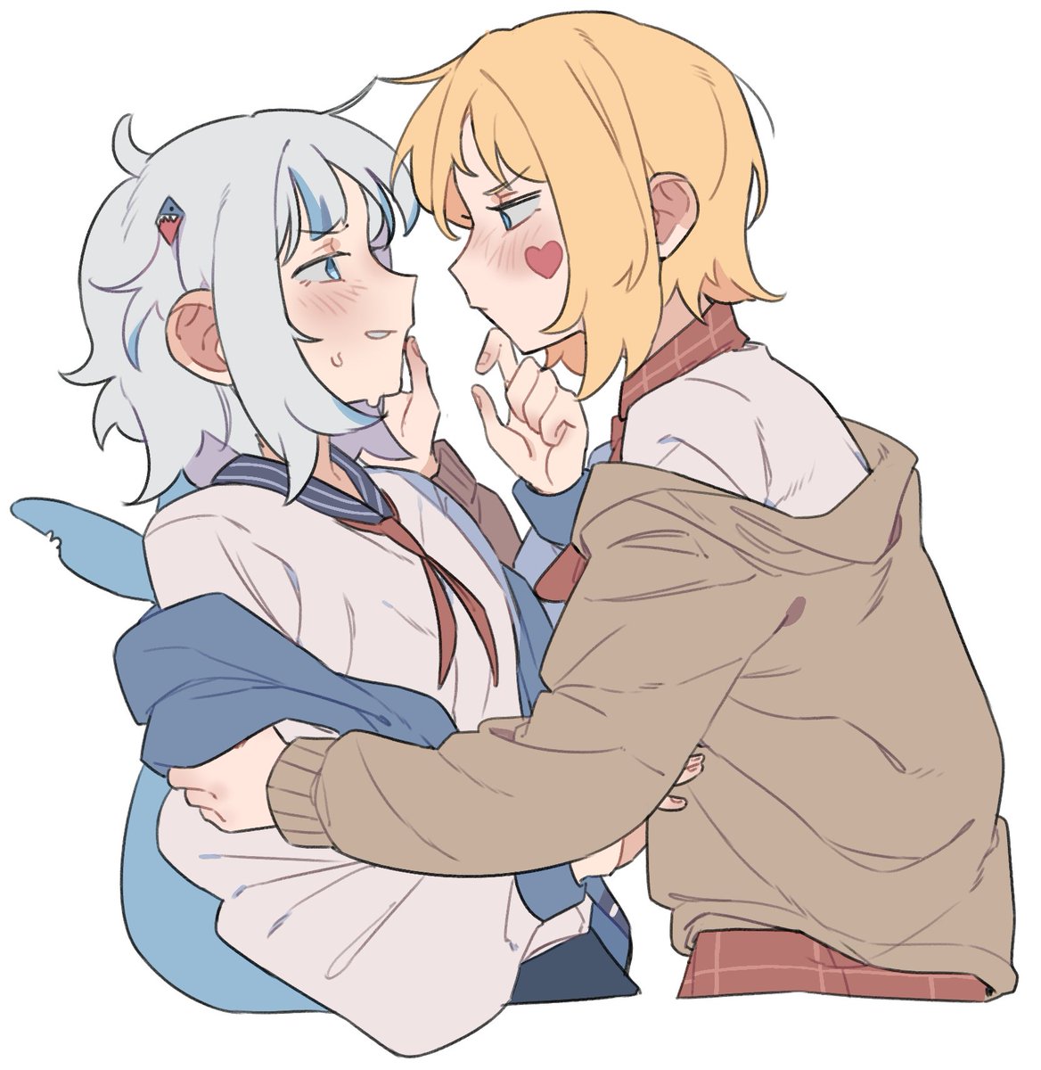 2girls, addendium, blonde_hair, blue_eyes, blue_hair, blue_sailor_collar, blush, brown_jacket