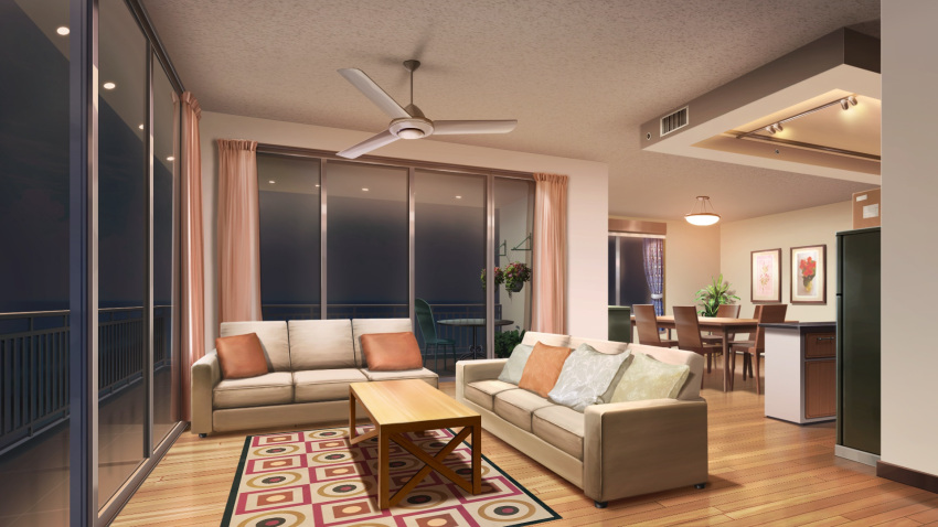 apartment, balcony, bistro_table, ceiling_fan, clouds, cloudy_sky, couch, curtains, dining_room, hanging_plant, highres, indoors, night, no_humans, non-web_source, official_art, orange_light, our_life:_beginnings_and_always, pillow, plant, potted_plant, railing, refrigerator, rug, sky, table, wooden_chair, wooden_table