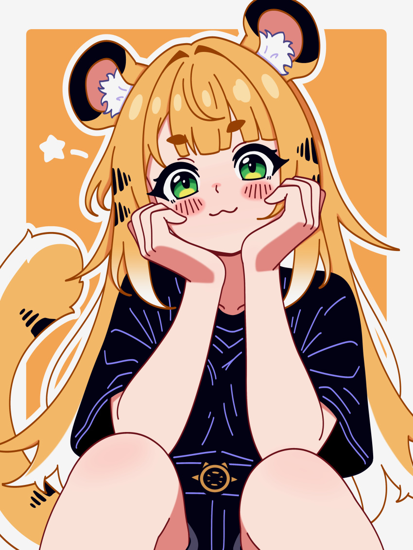 1girl, :3, absurdres, animal_ears, animal_print, belt, black_belt, black_hair, black_shirt, black_shorts, blunt_bangs, blush, closed_mouth, collarbone_peek, eyebrows_hidden_by_hair, facing_viewer, hand_on_own_face, high-waist_shorts, highres, ju_fufu, knees, long_bangs, long_hair, looking_at_viewer, magikflaan, multicolored_hair, orange_background, orange_hair, shirt, shorts, simple_background, sitting, smile, solo, star_(symbol), streaked_hair, t-shirt, tail, tiger_ears, tiger_girl, tiger_print, tiger_tail, very_long_hair, white_background, zenless_zone_zero
