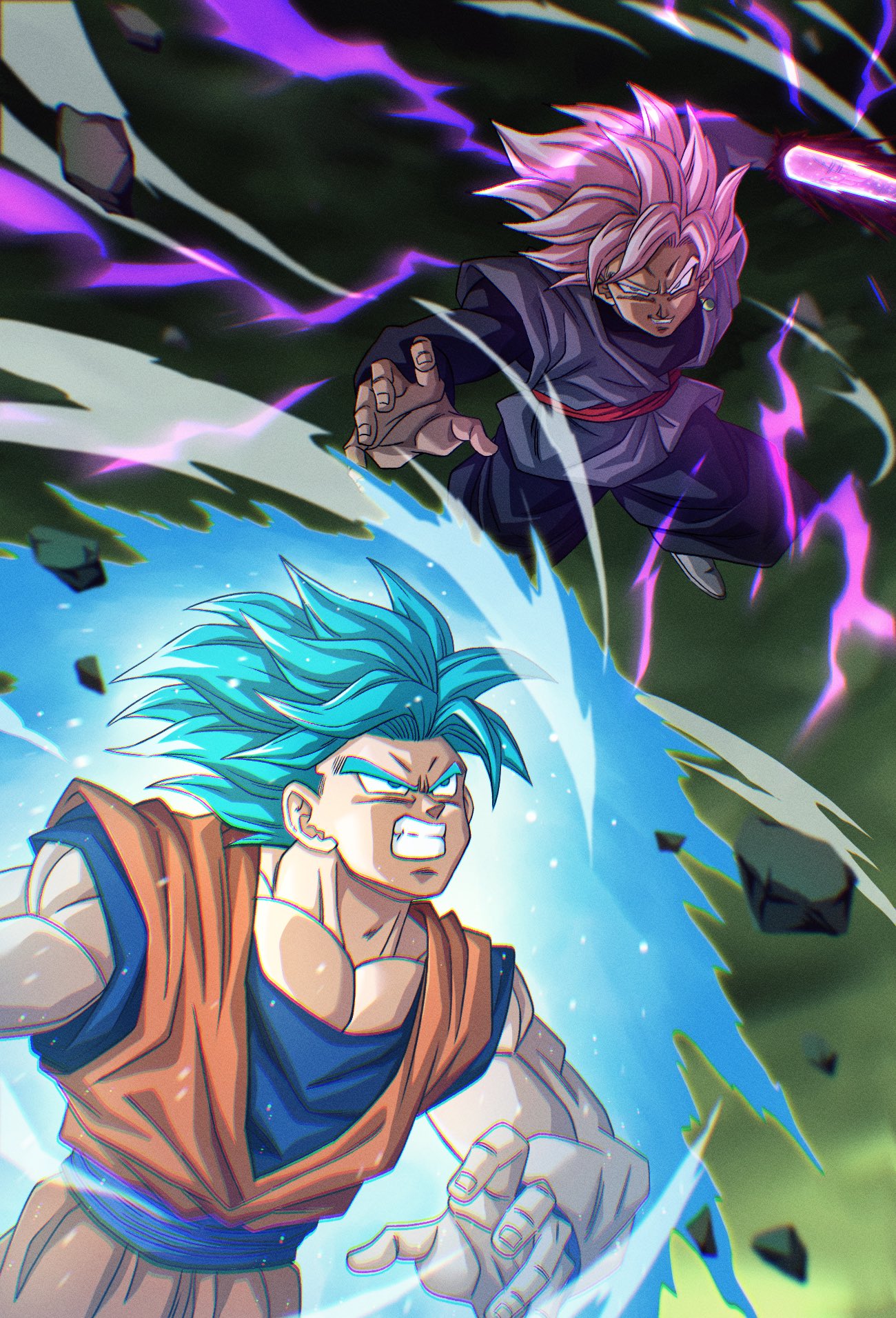 2boys, arm_blade, aura, battle, black_pants, black_shirt, blue_eyes, blue_hair