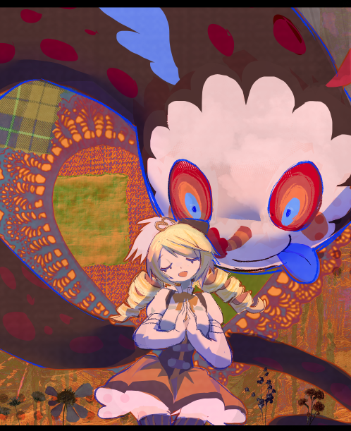 1girl, abstract_background, black_border, blonde_hair, blue_tongue, border, bow, bowtie, brown_hat, brown_skirt, chalkdraws, charlotte_(madoka_magica), closed_eyes, collared_shirt, colored_tongue, commentary, drill_hair, hat, juliet_sleeves, long_hair, long_sleeves, low_drills, mahou_shoujo_madoka_magica, open_mouth, orange_bow, orange_bowtie, own_hands_clasped, own_hands_together, petticoat, pleated_collar, puffy_sleeves, shirt, skirt, tomoe_mami, tongue, tongue_out, twin_drills, white_shirt
