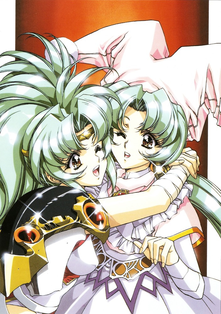 90s, ahoge, angelina_(langrisser), bangs, brown_eyes, dress, earrings, green_hair