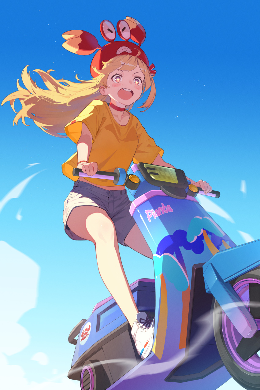 1girl, absurdres, ahoge, blonde_hair, blue_sky, choker, commentary, crab_hat