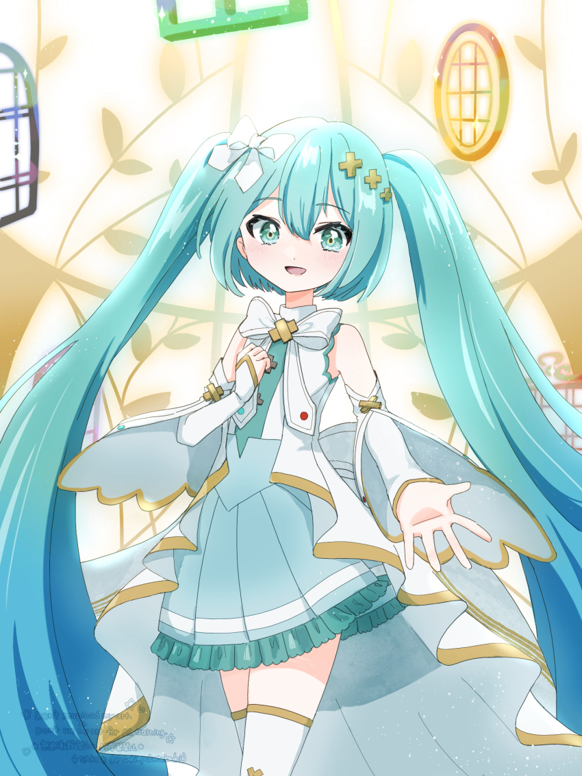 1girl, aqua_dress, aqua_eyes, aqua_hair, aqua_necktie, blush, bow, detached_sleeves