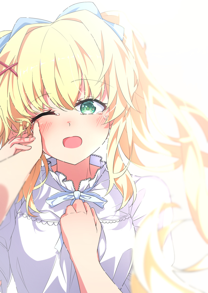 1girl, 1other, ;d, absurdres, blonde_hair, bloom, blue_bow, blue_ribbon