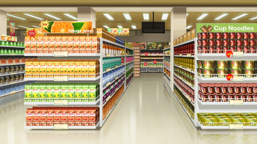 box, cardboard_box, ceiling_light, english_text, grocery_store, highres, indoors, juice