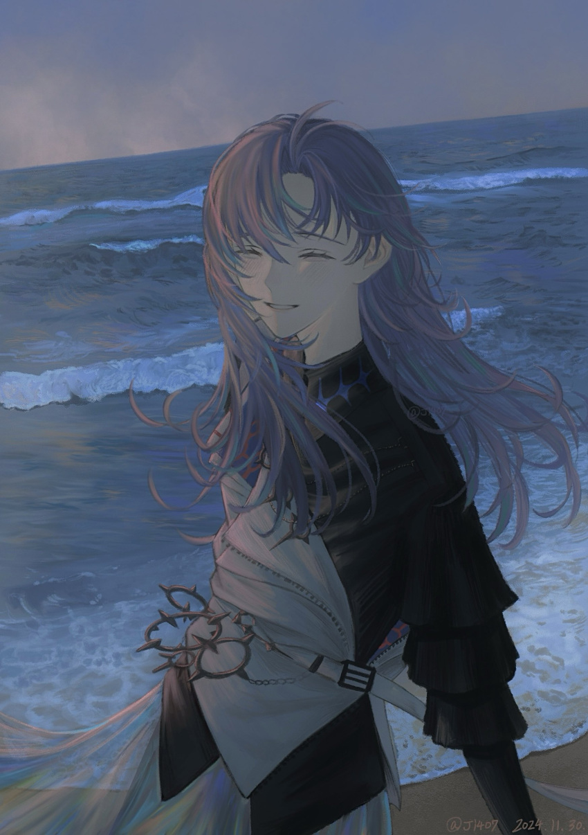 1boy, absurdres, beach, belt, black_shirt, blue_hair, closed_eyes, collared_shirt, floating_hair, happy, highres, hoshirube_sho, j14o7, long_hair, long_sleeves, male_focus, multicolored_hair, nijisanji, ocean, outdoors, purple_hair, shirt, sky, smile, solo, streaked_hair, two-tone_hair, virtual_youtuber, white_belt