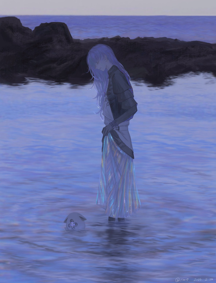 1boy, black_gloves, black_shirt, collared_shirt, gloves, highres, hoshirube_sho, j14o7, lifting_own_clothes, long_hair, long_skirt, long_sleeves, male_focus, nijisanji, ocean, otomo_(hoshirube_sho), outdoors, pants, purple_hair, shirt, skirt, solo, virtual_youtuber, wading, white_pants