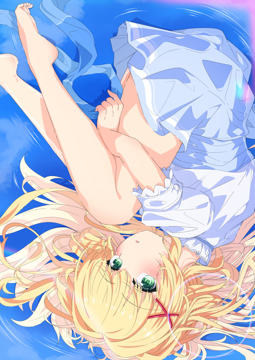 1girl, 2023, absurdres, bare_legs, barefoot, blonde_hair, blue_skirt, blush, commentary_request, dated_commentary, feet, fetal_position, foot_out_of_frame, frilled_sleeves, frills, from_above, green_eyes, hair_between_eyes, hair_intakes, hair_ornament, hair_spread_out, high-waist_skirt, highres, hugging_own_legs, kyamiuu, long_hair, looking_at_viewer, looking_up, lying, official_alternate_costume, on_side, parted_lips, puffy_short_sleeves, puffy_sleeves, ripples, shirt, short_sleeves, skirt, solo, summer_pockets, toes, tsumugi_wenders, twintails, upside-down, water, white_shirt, x_hair_ornament