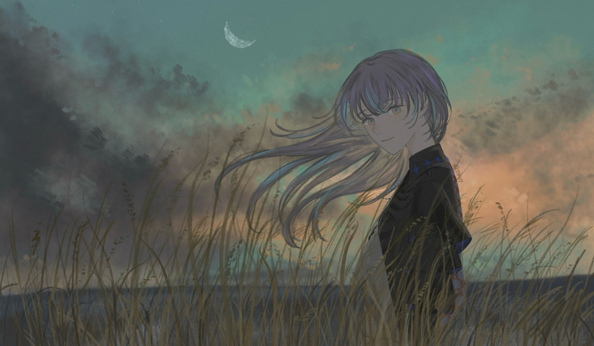 1boy, alternate_costume, black_shirt, blue_hair, closed_mouth, clouds, collared_shirt, crescent_moon