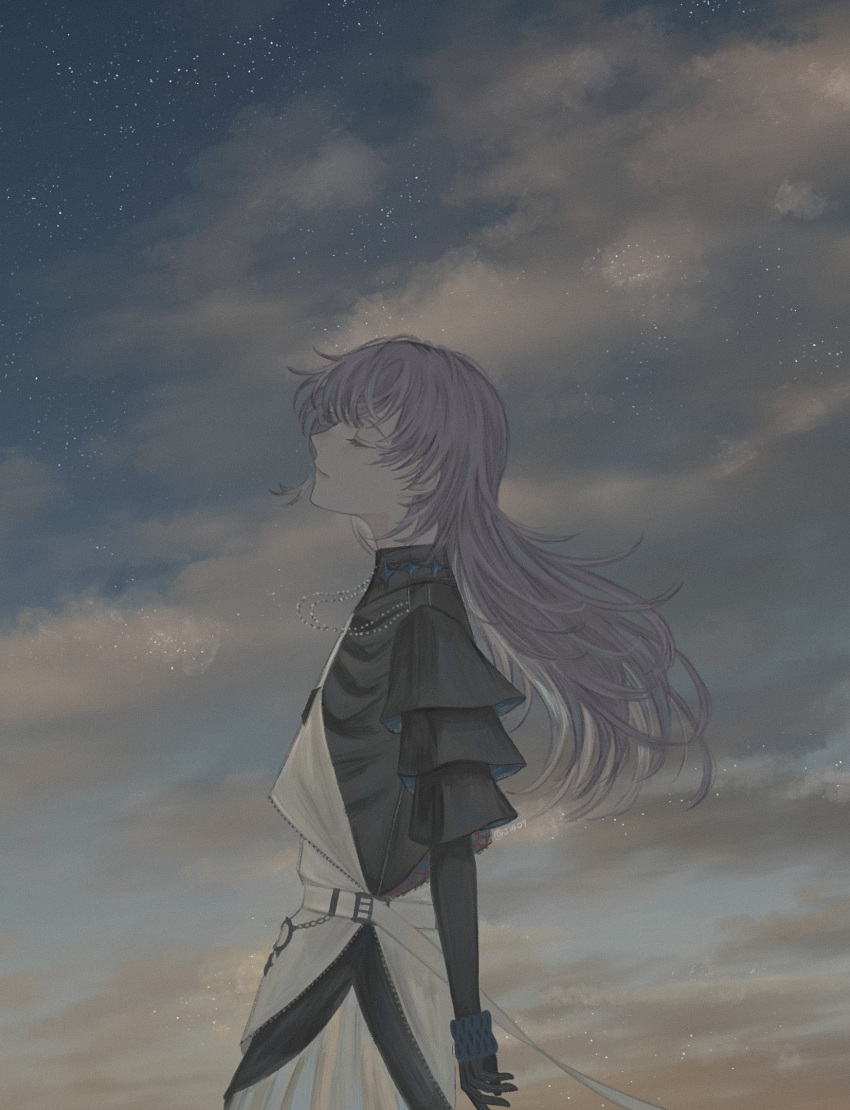 1boy, belt, black_gloves, black_shirt, bracelet, closed_eyes, closed_mouth, clouds