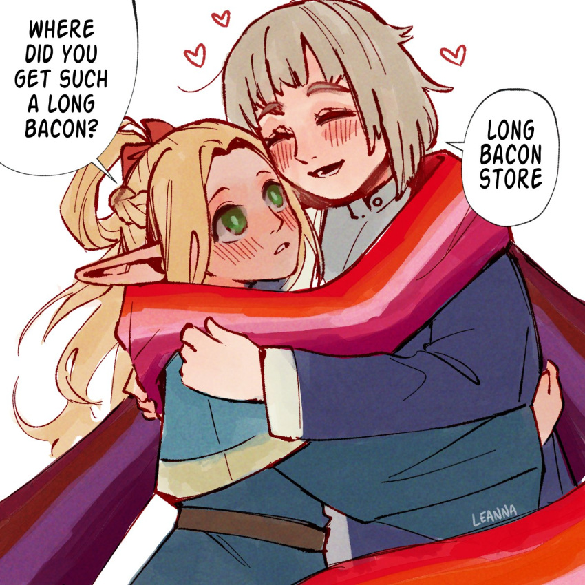 2girls, blonde_hair, blush, closed_eyes, commentary, dungeon_meshi, elf, english_commentary