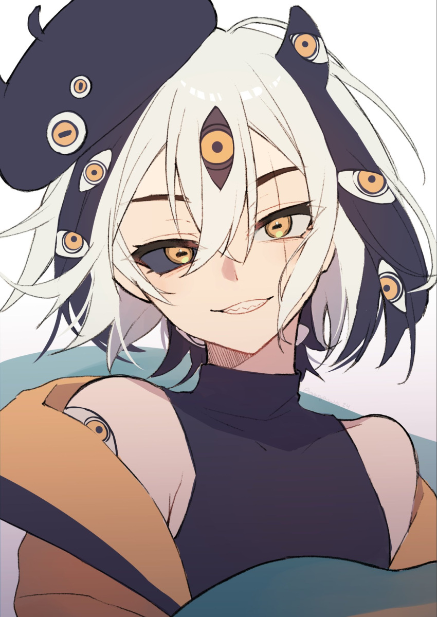 1boy, asagawa_mikan_(peachy_michi), beret, black_hair, black_sclera, black_shirt, colored_sclera, extra_eyes