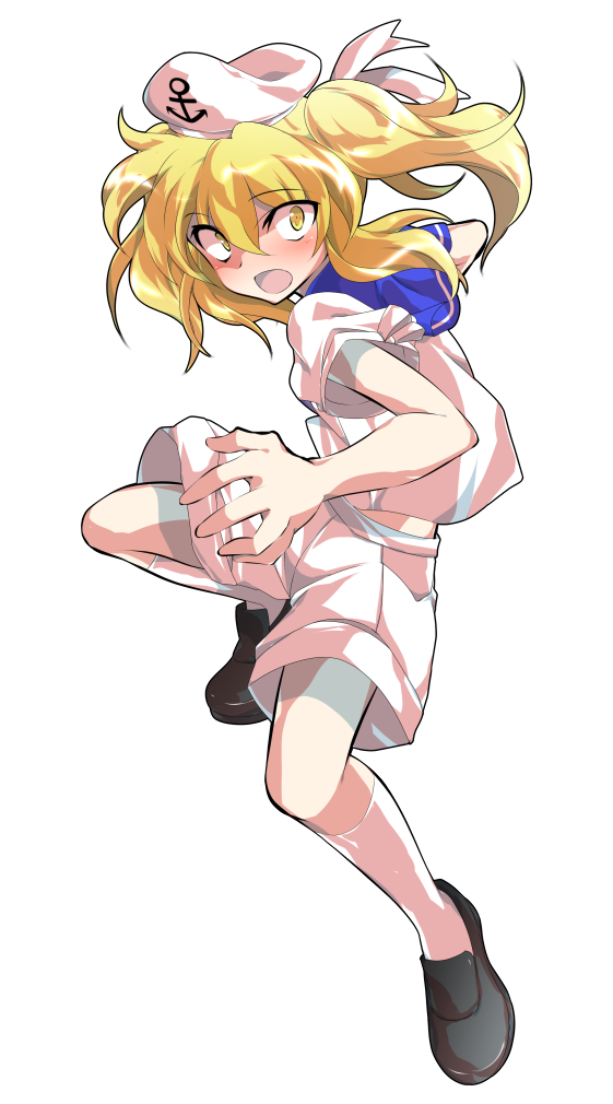 1girl, anchor_print, anchor_symbol, black_shoes, blonde_hair, blue_sailor_collar, blush, commentary_request