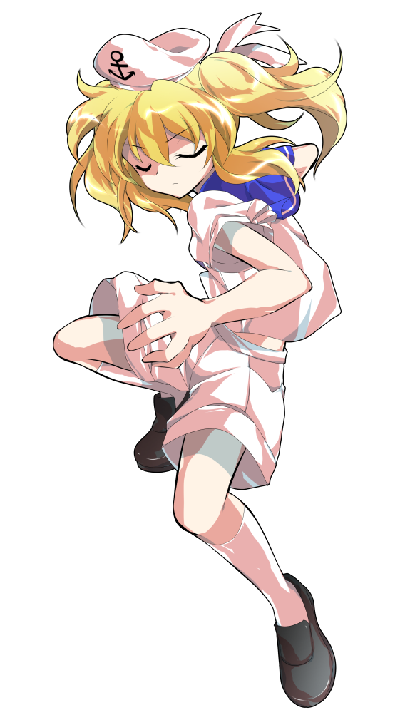1girl, anchor_print, anchor_symbol, black_shoes, blonde_hair, blue_sailor_collar, closed_eyes, closed_mouth