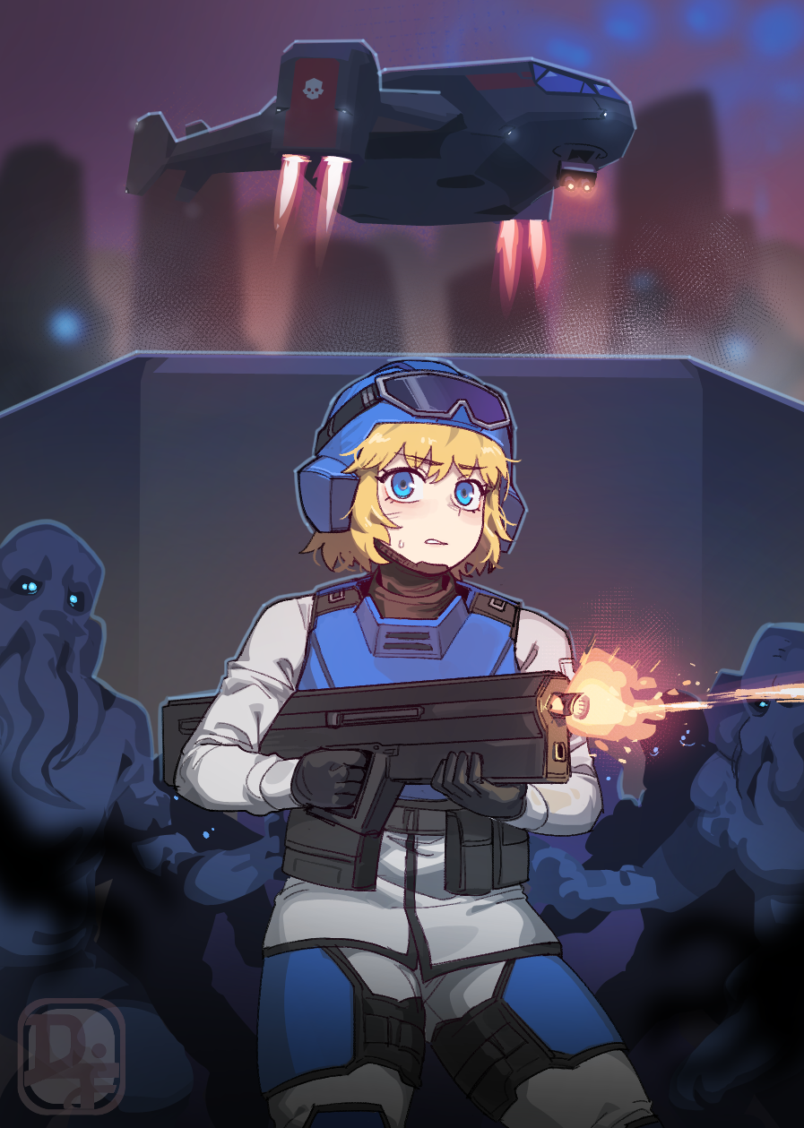 1girl, ammunition_belt, ammunition_pouch, assault_rifle, black_gloves, blonde_hair, blue_eyes, bullpup, cityscape, commentary, difman, english_commentary, gloves, goggles, goggles_on_headwear, gun, helldivers_(series), helmet, highres, illuminate_(helldivers), military_uniform, pelican_1_(helldivers), pouch, rifle, seaf_soldier_(helldivers), signature, solo, spacecraft, sweat, thrusters, weapon