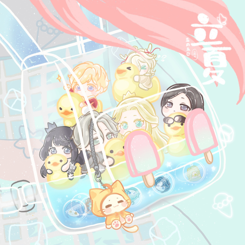 >_<, 3girls, 4boys, aeon_(shining_nikki), animal_charm, aqua_background, aqua_eyes, backpack