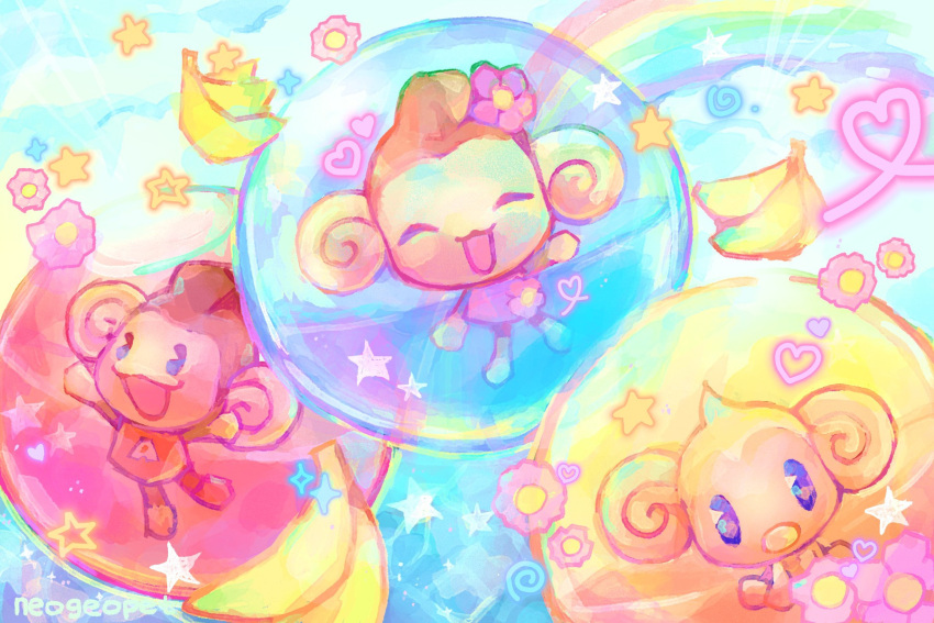 1girl, 2boys, aiai_(super_monkey_ball), animal_ears, baby, baby_(super_monkey_ball), banana, chibi