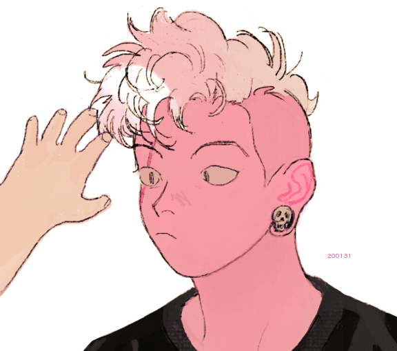 2boys, :<, black_shirt, blush, chloe_k13, colored_skin, commentary, curly_hair, dated, earrings, english_commentary, imminent_headpat, jewelry, laramie_barriga, looking_at_another, male_focus, mohawk, multiple_boys, nose_blush, pink_hair, pink_skin, plug_(piercing), portrait, raised_eyebrows, scar, scar_across_eye, scar_on_face, shirt, skull_earrings, solo_focus, spoilers, steven_quartz_universe, steven_universe, white_background