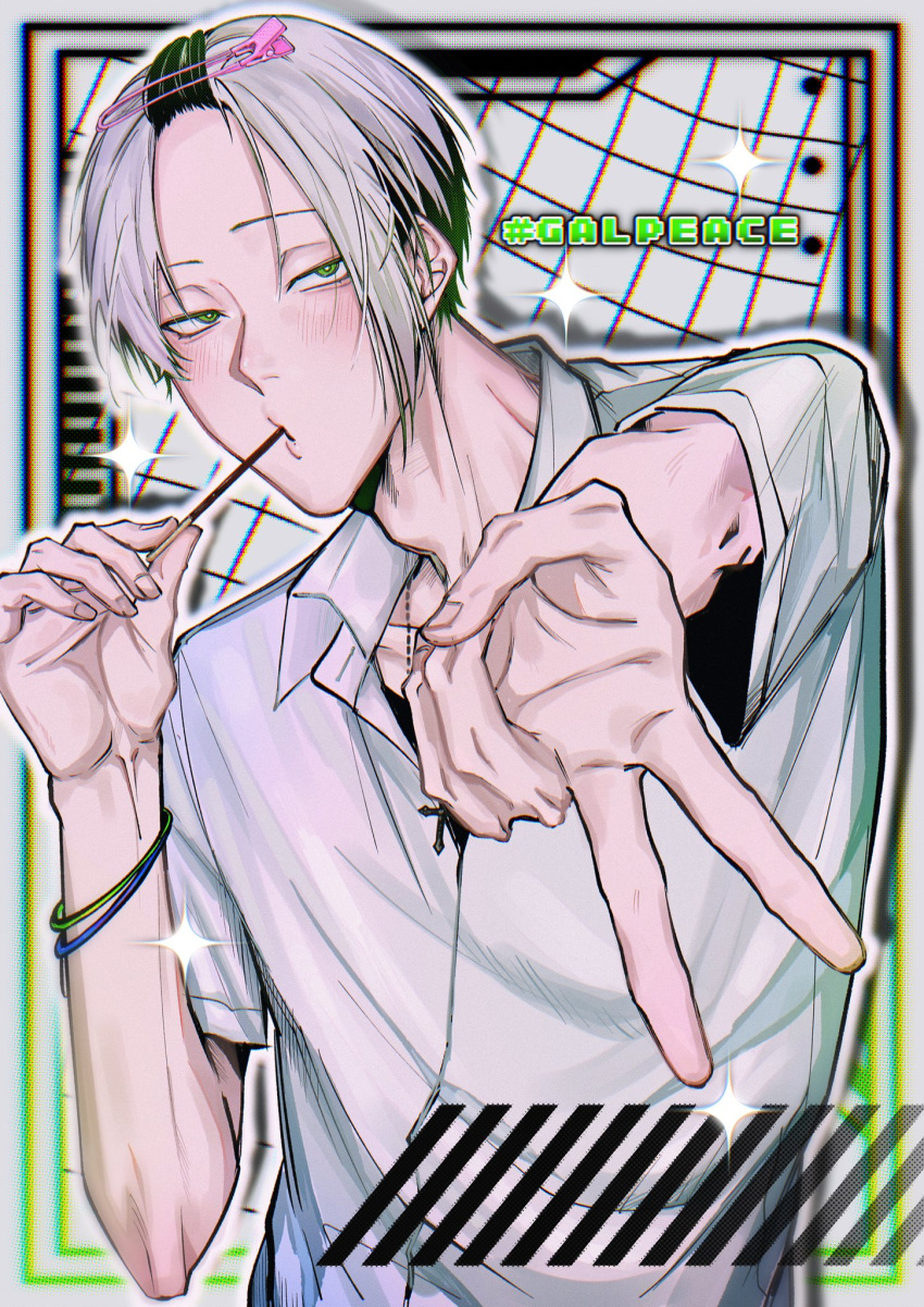 1boy, blue_lock, blush, bracelet, collared_shirt, cross, cross_necklace, food