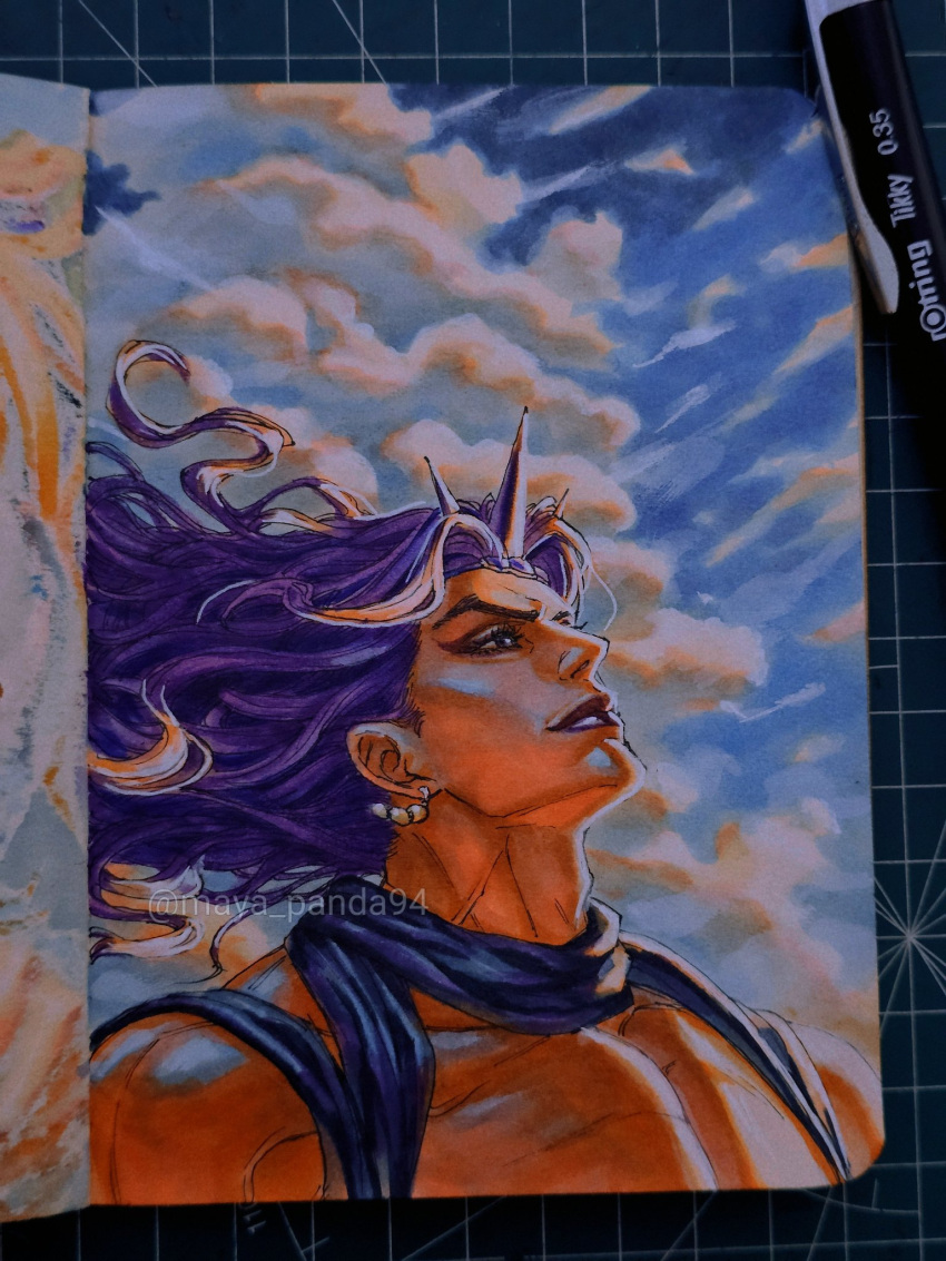 1boy, art_tools_in_frame, battle_tendency, black_scarf, clouds, cloudy_sky, commentary, day