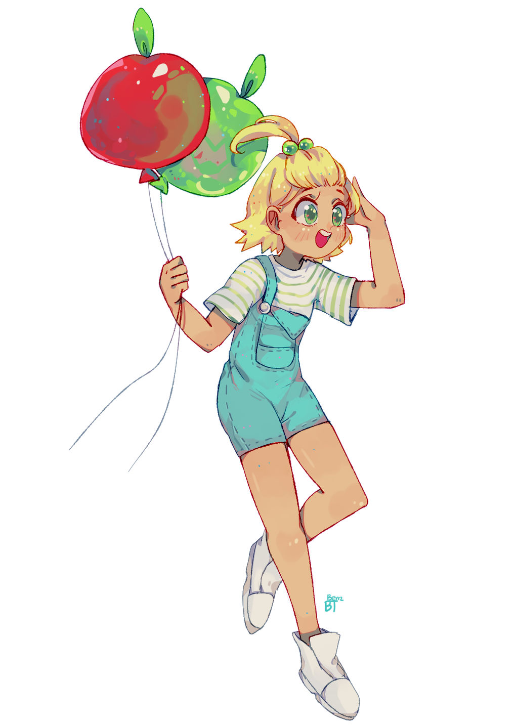 1girl, :d, ahoge, apple_balloon, apple_cookie, apple_rabbit, balloon, bangs_pinned_back, benzbt, blonde_hair, blue_overalls, child, cookie_run, cookie_run:_ovenbreak, food, food_art, green_eyes, green_hair_ornament, green_stripes, highres, holding, holding_balloon, humanization, open_mouth, overall_shorts, overalls, personification, shirt, shoes, short_hair, short_sleeves, signature, smile, striped_clothes, striped_shirt, tan, white_background, white_shoes