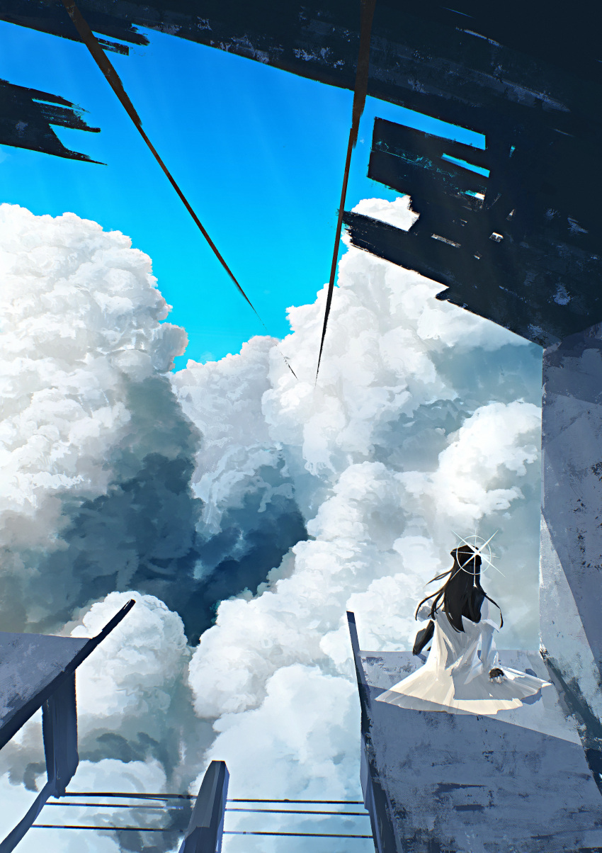 1girl, absurdres, black_gloves, black_hair, blue_archive, blue_sky, cable, clouds