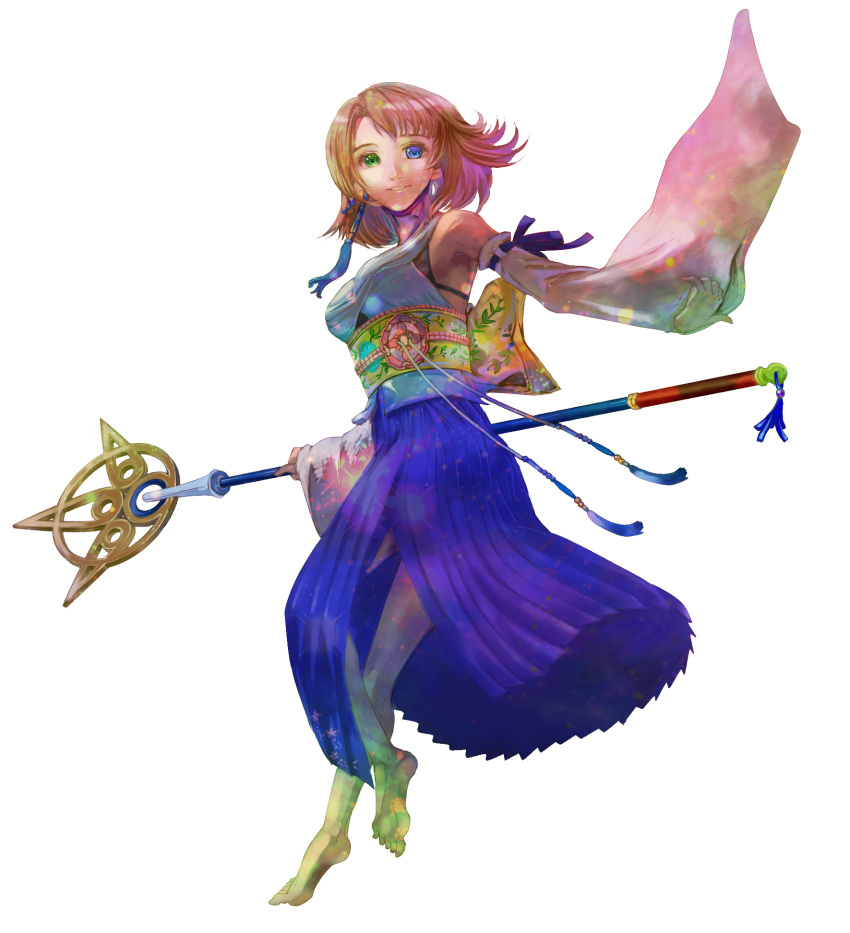 blue_eyes, brown_hair, detached_sleeves, dissidia_012_final_fantasy, dissidia_final_fantasy, dress, final_fantasy, final_fantasy_x, green_eyes, heterochromia, highres, japanese_clothes, jewelry, multicolored_eyes, purple_eyes, short_hair, smile, solo, staff, violet_eyes, wand, wataame, yuna