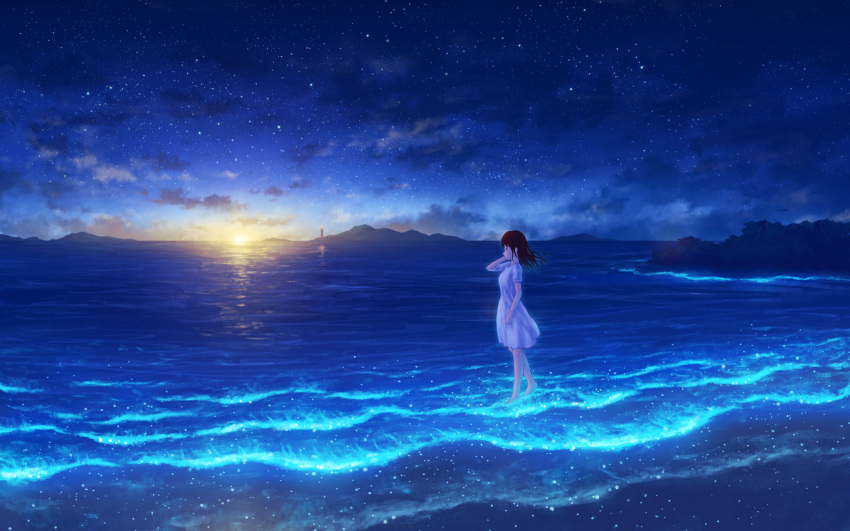 1girl, absurdres, arm_at_side, arm_up, au_ito, barefoot, beach, bioluminescence