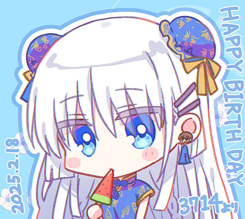 1girl, 2025, alternate_costume, alternate_hairstyle, black_dress, blue_background, blue_eyes, blunt_ends