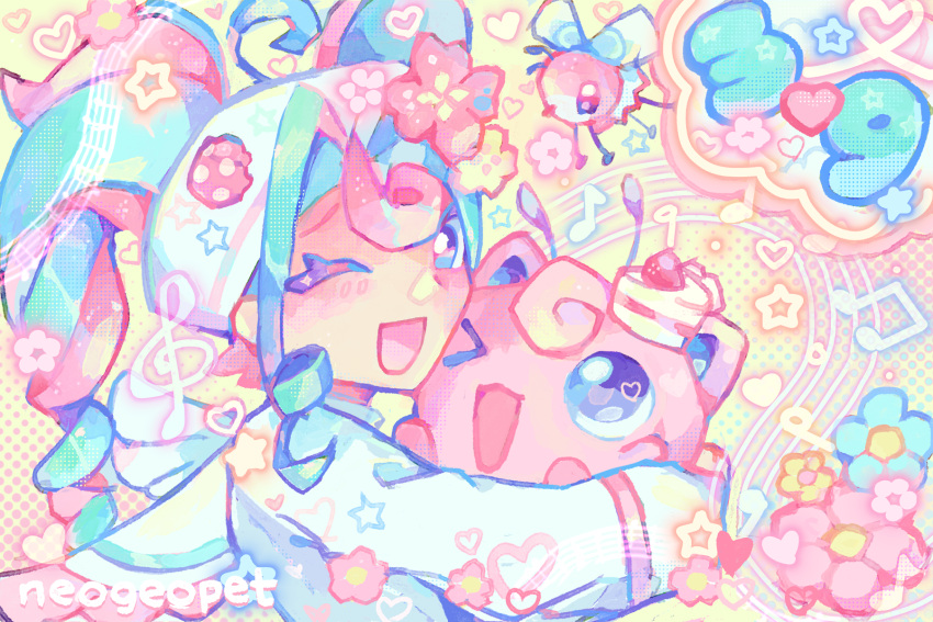 1girl, 39, ;d, ahoge, alternate_color, aqua_hair, bug_miku_(project_voltage), cake, colorful, commentary, crossover, english_commentary, fairy_miku_(project_voltage), flower, food, fusion, hair_flower, hair_ornament, hat, hatsune_miku, heisei_retro, highres, holding, holding_pokemon, jigglypuff, long_hair, looking_at_viewer, multicolored_hair, musical_note, neogeopet, one_eye_closed, open_mouth, pink_hair, pokemon, pokemon_(creature), project_voltage, ribombee, school_uniform, serafuku, shiny_pokemon, smile, solo, star_(symbol), treble_clef, twintails, two-tone_hair, upper_body, vocaloid, yellow_background, yume_kawaii