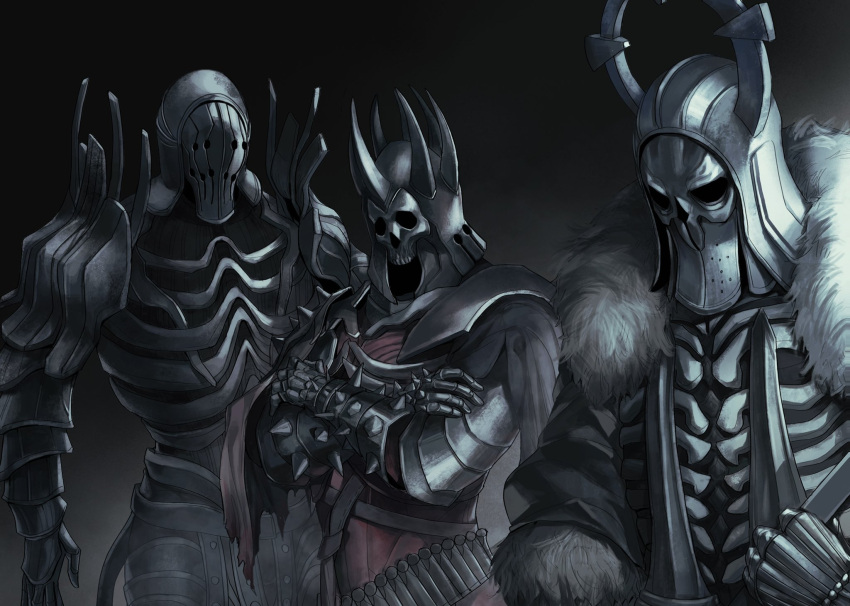 3boys, arm_armor, armor, armored_gloves, black_background, breastplate, cape, caranthir