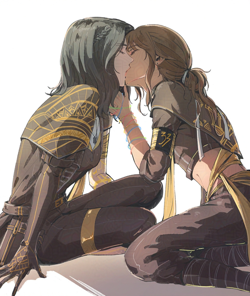 2girls, armband, black_hair, brown_hair, clair_obscur:_expedition_33, closed_eyes, commentary_request, elbow_gloves, gloves, highres, hoj_duck, kiss, korean_commentary, lune_(clair_obscur:_expedition_33), medium_hair, multiple_girls, number_print, ponytail, sciel_(clair_obscur:_expedition_33), short_ponytail, simple_background, white_background, yuri