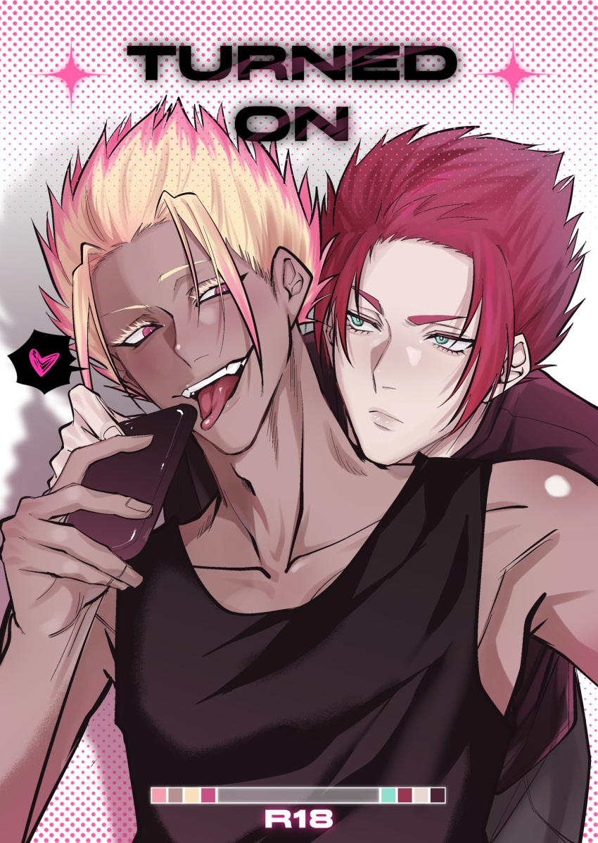 2boys, black_tank_top, blonde_hair, blue_eyes, blue_lock, cellphone, collarbone, colored_eyelashes, dark-skinned_male, dark_skin, eyelashes, heart, highres, holding, holding_phone, itoshi_sae, looking_at_another, male_focus, multicolored_hair, multiple_boys, phone, pink_eyes, pink_hair, pkfire_ok, polka_dot, polka_dot_background, red_hair, shadow, shidou_ryuusei, shirt, short_hair, simple_background, smartphone, spoken_heart, streaked_hair, tank_top, teeth, toned, toned_male, tongue, tongue_out, two-tone_hair, upper_body, upper_teeth_only, v-shaped_eyebrows, white_background