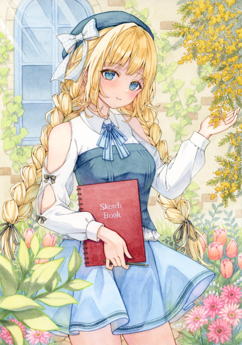 1girl, bare_shoulders, beret, black_bow, black_ribbon, blonde_hair, blue_bow, blue_bowtie
