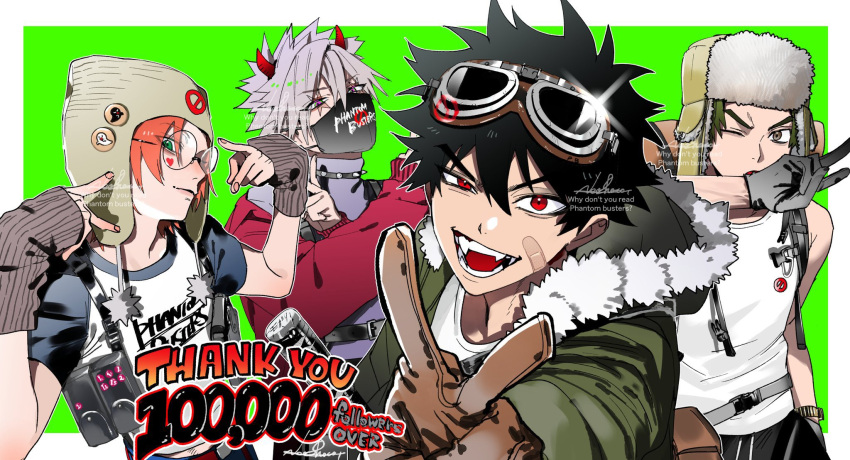 4boys, bandaid, bandaid_on_face, black_gloves, black_hair, border, brown_eyes, brown_gloves